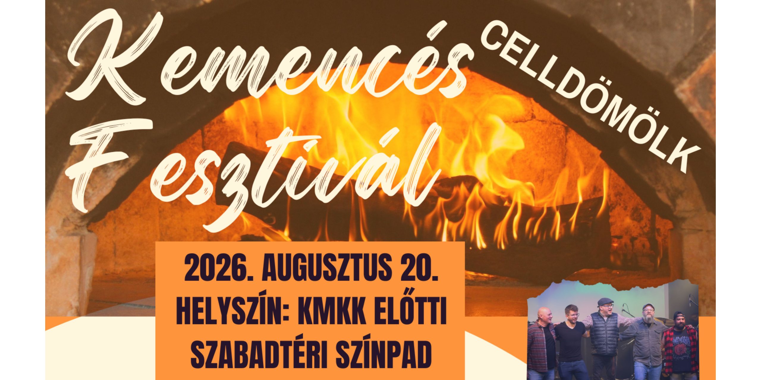 Kemencés Fesztivál plakátja Celldömölkön, 2026. augusztus 20-án a KMKK előtti szabadtéri színpadon. A programban 17:00 órától a Lost Boys Of Kemenesalja, 18:00 órától kenyérsütő interaktív szabadtéri pékműhely, 18:30-tól a Big Mouse Band, 20:30-tól pedig a Polyák Rita Band ad koncertet Neoton- és LGT-slágerekkel. A rendezvényen kemencés ételkóstoló is lesz (kóstolójegy a KMKK recepcióján kapható 1500 Ft-ért), a gyerekeket pedig szabadtéri játékpark várja. További információ: 95/779-301, info.kmkk@gmail.com.