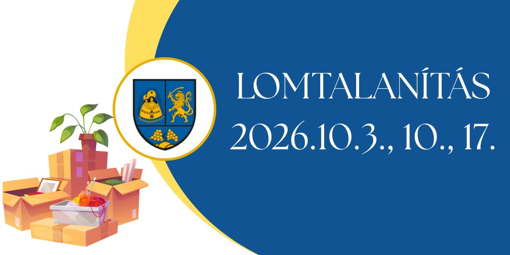 Lomtalanytás illusztrációja, Celldömölk város címerével, LOMTALANYTÁS felirattal, dobozkban lévő használati tárgyak szereplnek, mint illusztráció